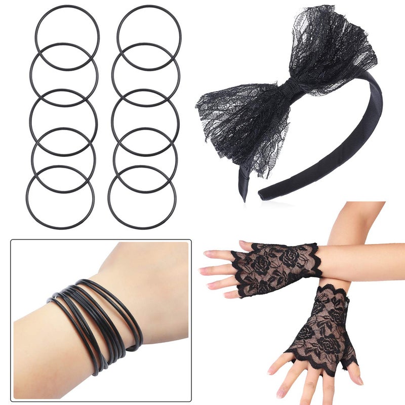 Beelittle 80s Costume Accessories Fishnet/Lace Gloves Headband Earrings Necklace Bracelet for 80s Party Halloween Madonna Outfit Accessories for Women (Black 3) - Image 5